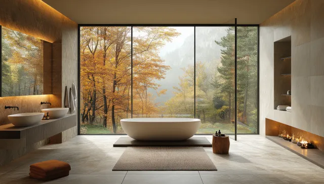 Modern bathroom with freestanding bathtub and floor-to-ceiling windows showing a forest view.