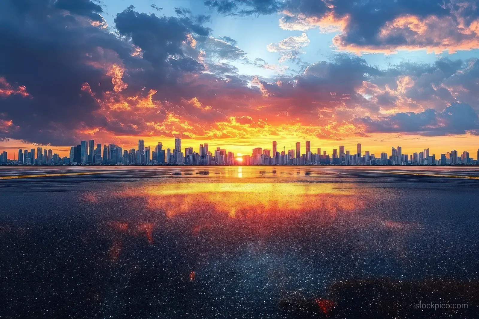 Modern skyscrapers at sunset with colorful clouds reflected on calm water.