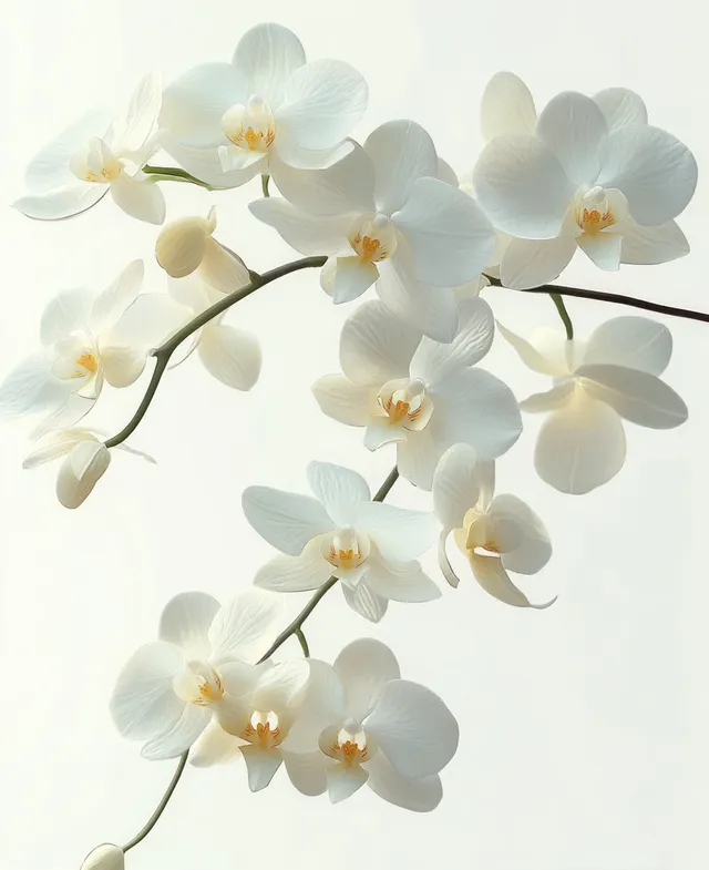 White orchid blossoms with yellow centers on thin green stems against a light background.