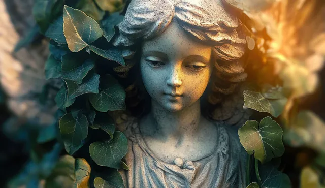 Weathered stone girl face statue surrounded by green ivy leaves with warm sunlight filtering through in an outdoor garden close-up.