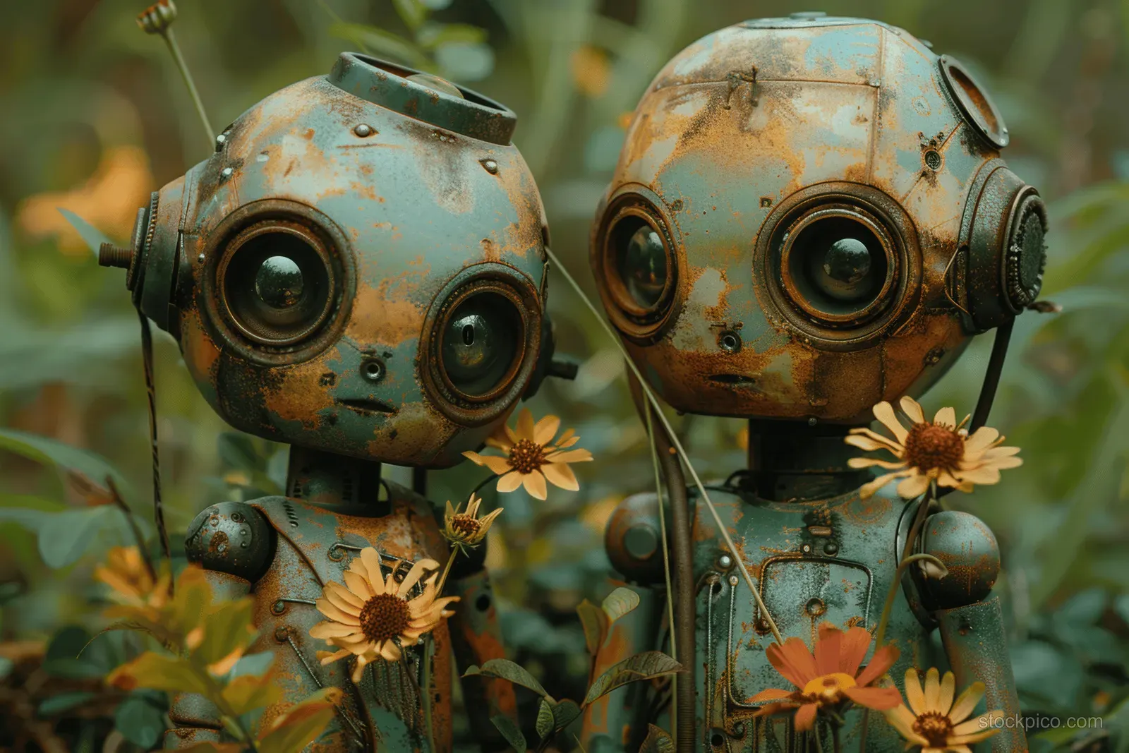 Two cute robots stand side by side in a flower-filled scene with soft green lighting and smiling faces.