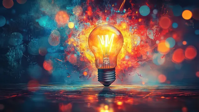 Glowing light bulb on a dark desk surrounded by colorful bokeh sparks and light trails.