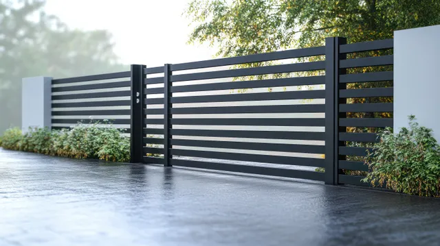 Modern industrial metal fence gate with horizontal slats and greenery beside driveway