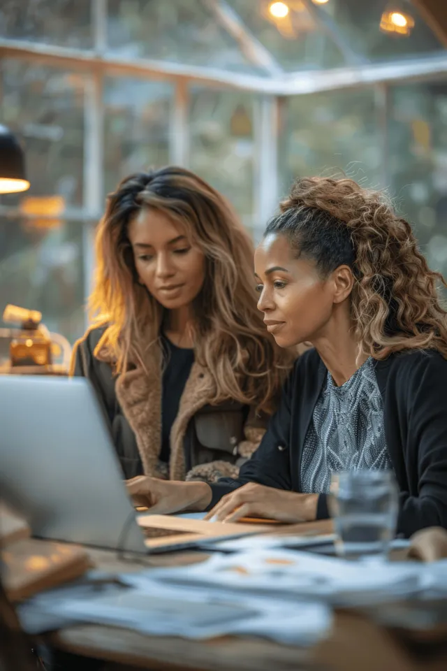 Two businesswomen sit at a meeting table working together on a laptop with documents and coffee nearby.
