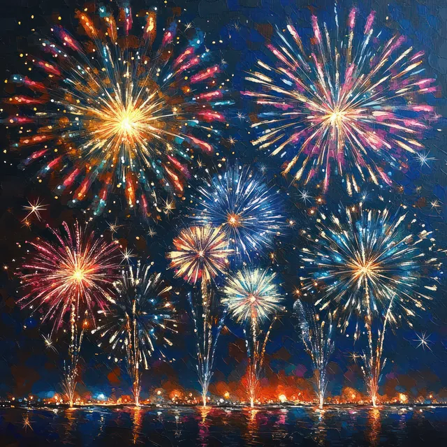 Colorful fireworks explode across a dark night sky with glowing sparks and a silhouetted skyline below.
