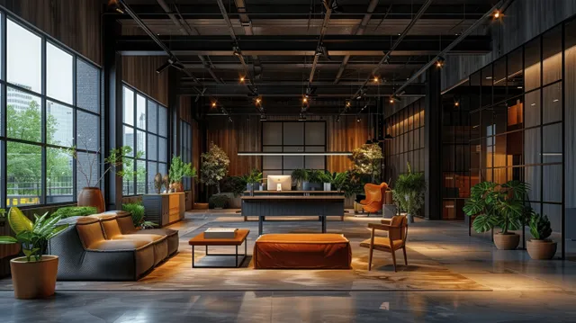 Orange lounge chairs and wooden tables sit in an industrial office with black walls, glass windows, and potted plants.