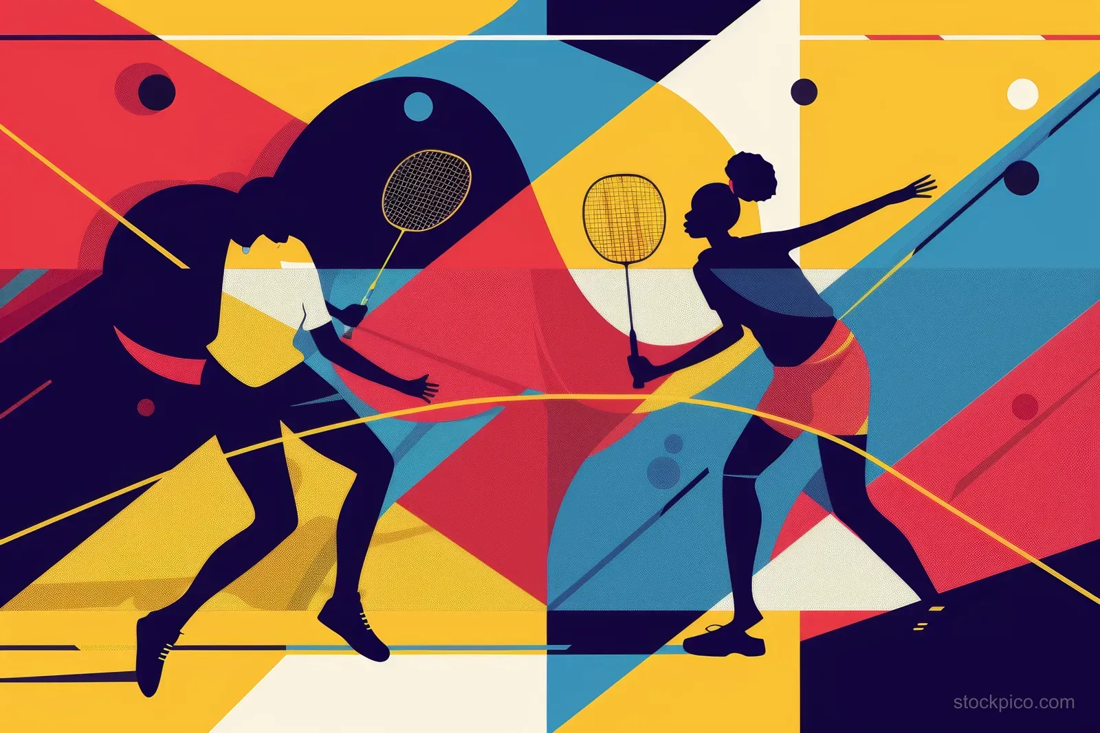Two silhouetted badminton players strike a shuttlecock on a court over a geometric Thailand flag background.