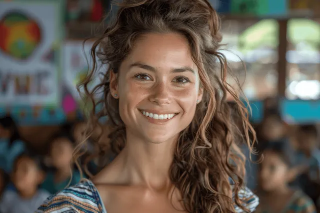 Smiling young woman in colorful classroom with lively community backdrop