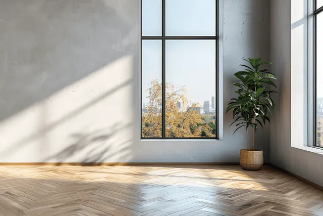 Sunlit modern interior corner with floor-to-ceiling windows and city skyline view