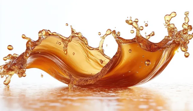Amber drink splash frozen midair with droplets over reflective white surface
