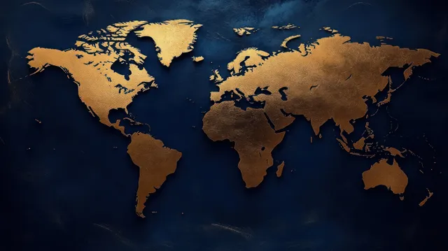 A stylized world map shows metallic gold continents against a deep dark-blue ocean background.