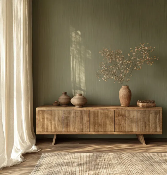 Wooden sideboard with vases against an olive green wall, lit by sunbeams through sheer curtains.