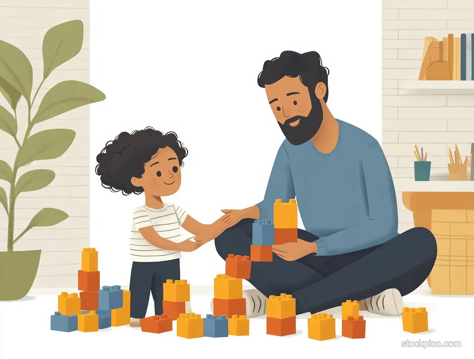 A father and son smile while stacking colorful building blocks into a small tower on a living room floor.