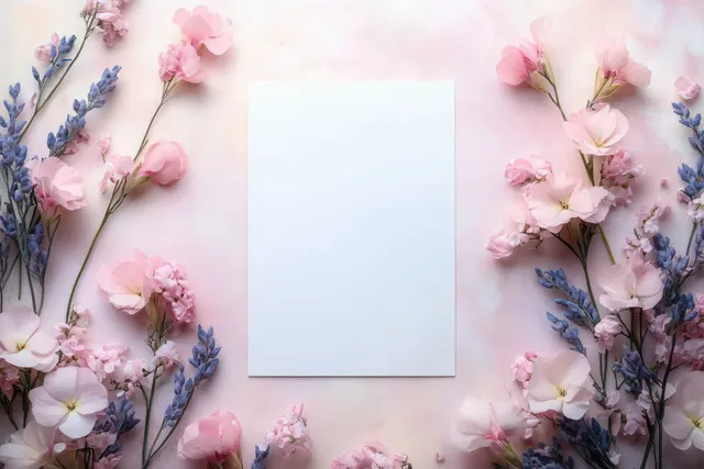 Blank wedding card on pastel floral backdrop with delicate blossoms and soft lighting
