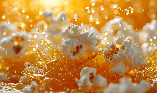 Flying popcorn cereal kernels splashing across a bright orange background in macro 3D