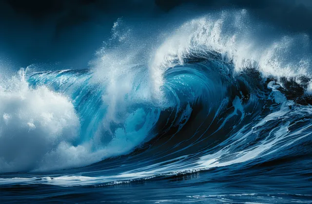 A large blue ocean wave crashes on the shore, forming a foamy crest and misty spray.