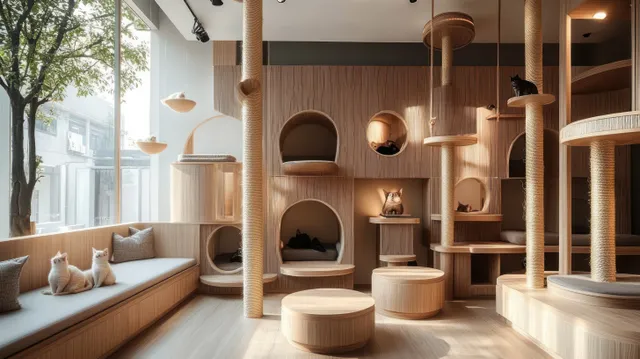 Minimalist cat cafe interior with wooden cat trees, round rests, and warm lights beside large windows.