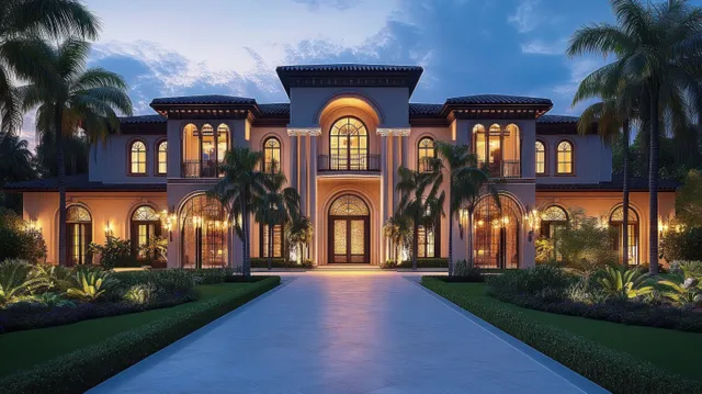 Luxurious two-story mansion with arched windows glowing warmly at dusk and palm-lined driveway