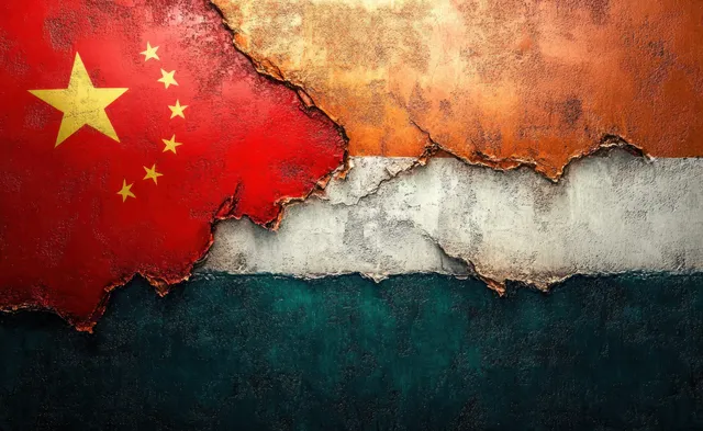 China and India flags facing off across a cracked wall of tension