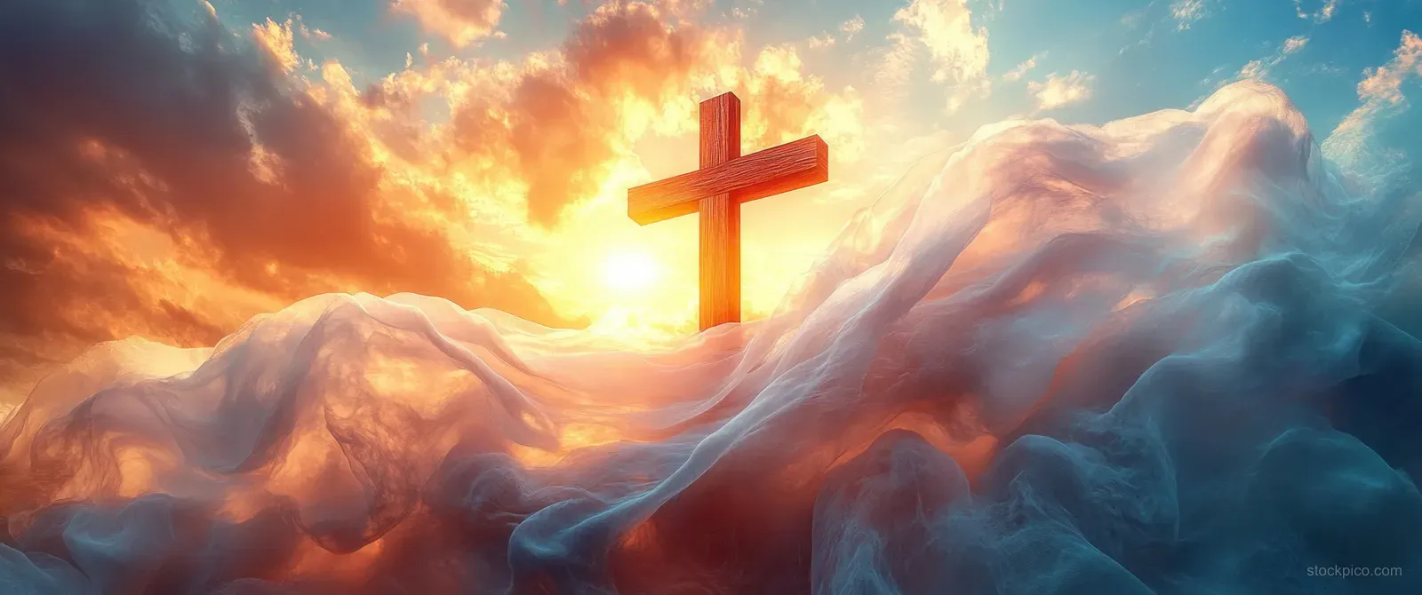 A glowing wooden cross sits above sunrise clouds with a flowing white cloth draped across the scene.