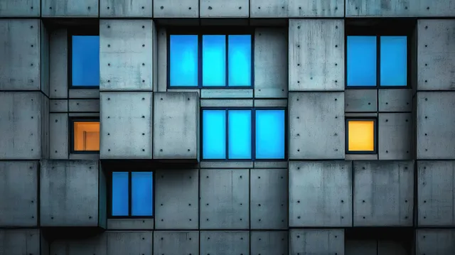 Concrete facade with symmetrical rectangular windows, blue lights, and small yellow-lit panes arranged in a grid.