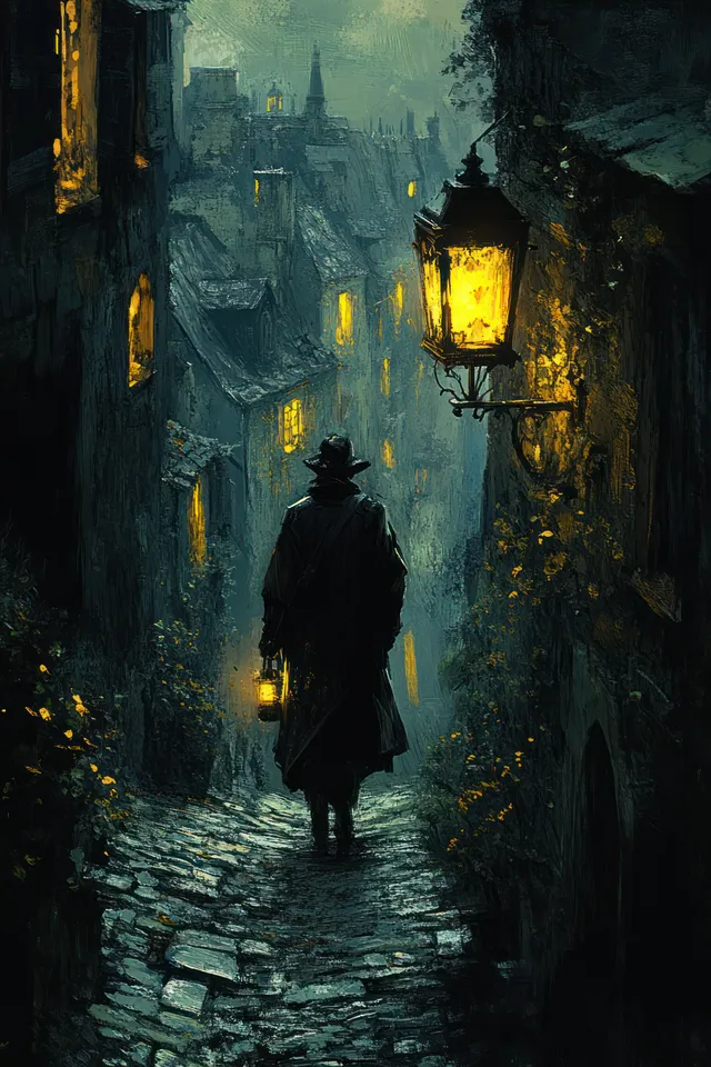 A female ghost tour guide walks down a narrow alley at night carrying a glowing lantern that casts long shadows.