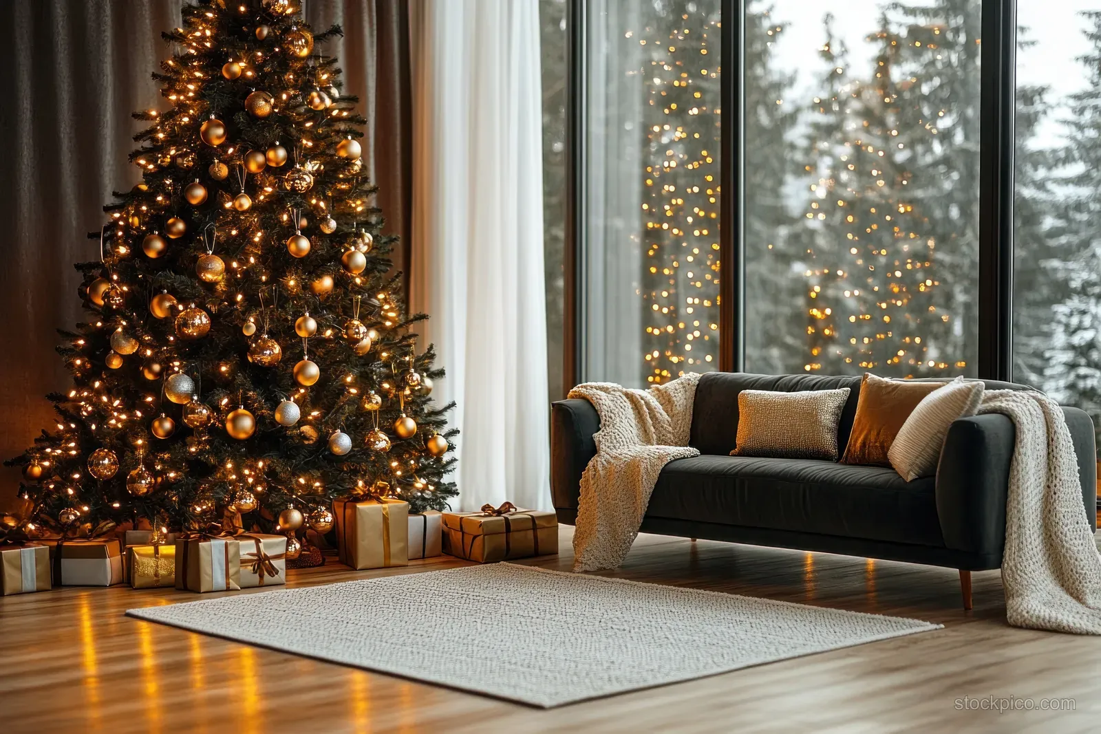 Velvet sofa beside a warmly lit Christmas tree, gifts under the tree, and frosty window view at night.