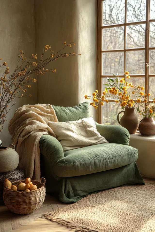 Sunlit window illuminates a green armchair with a linen throw, flowers on a side table, and a woven basket on the floor.