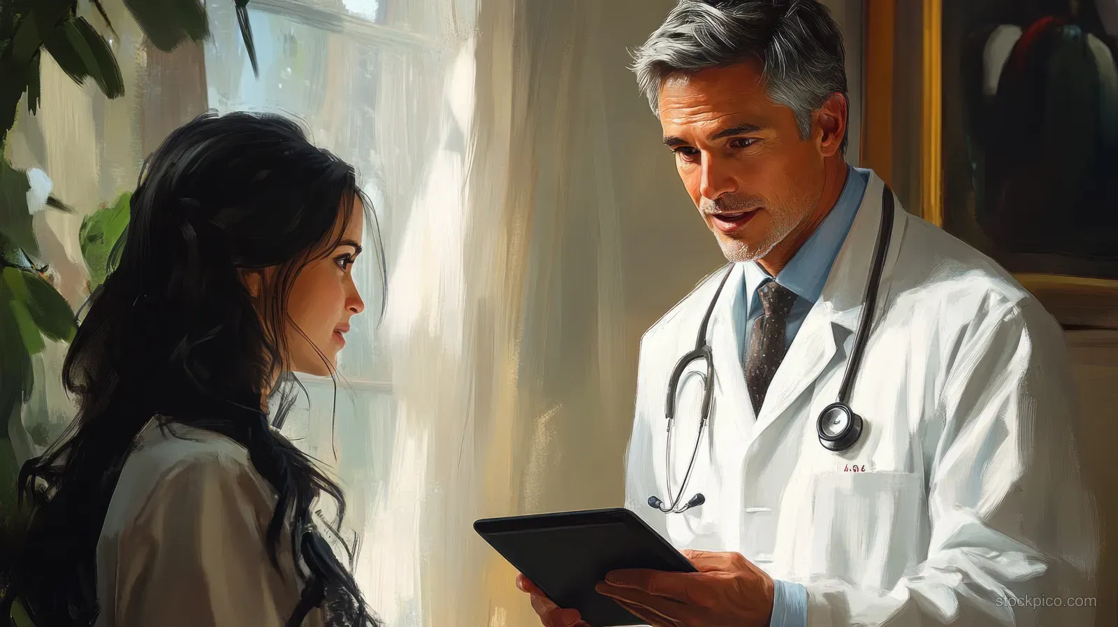 A doctor shows checkup results on a digital tablet to a patient during a clinic consultation.