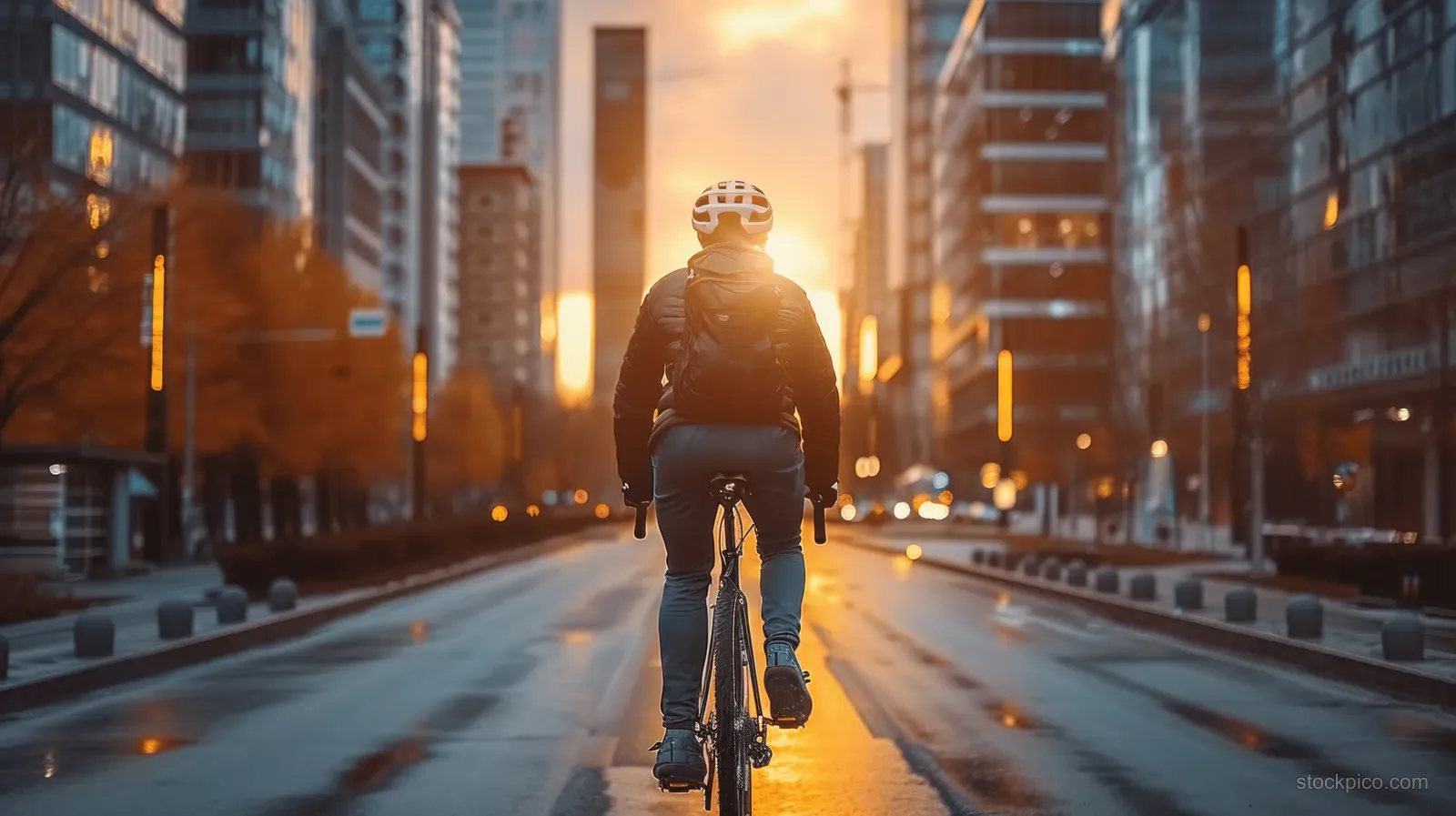 A helmeted cyclist with a backpack rides a bicycle down an empty street between modern skyscrapers at sunset.