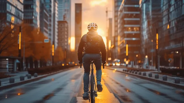 Cyclist rides a bike down an empty city street at sunset, helmet and backpack