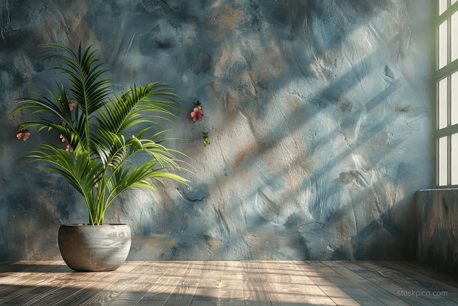 A potted tropical plant sits on a wooden floor beside a textured wall in sunlight.