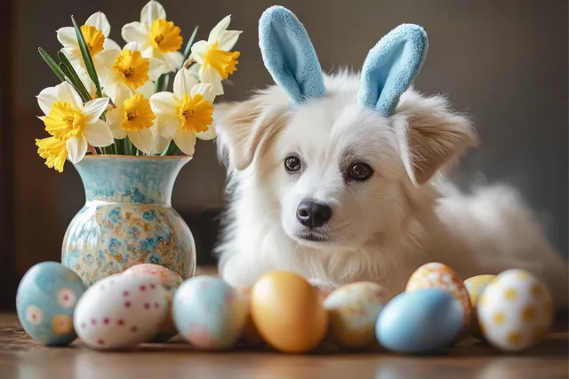 Fluffy white dog in blue bunny ears with pastel Easter eggs and daffodils on wood