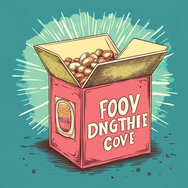 Cartoon food donation box overflowing with canned goods under bright burst rays