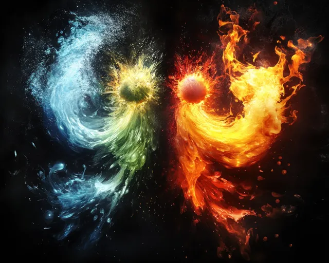 Glowing fire, water, earth, and air elements swirl in a dramatic abstract split over a black background.