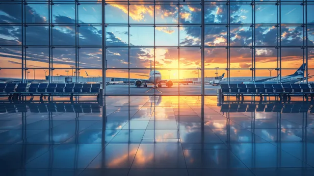 Sunset view through a large airport terminal window showing blue chairs, a parked airplane, and reflections on the glass floor.