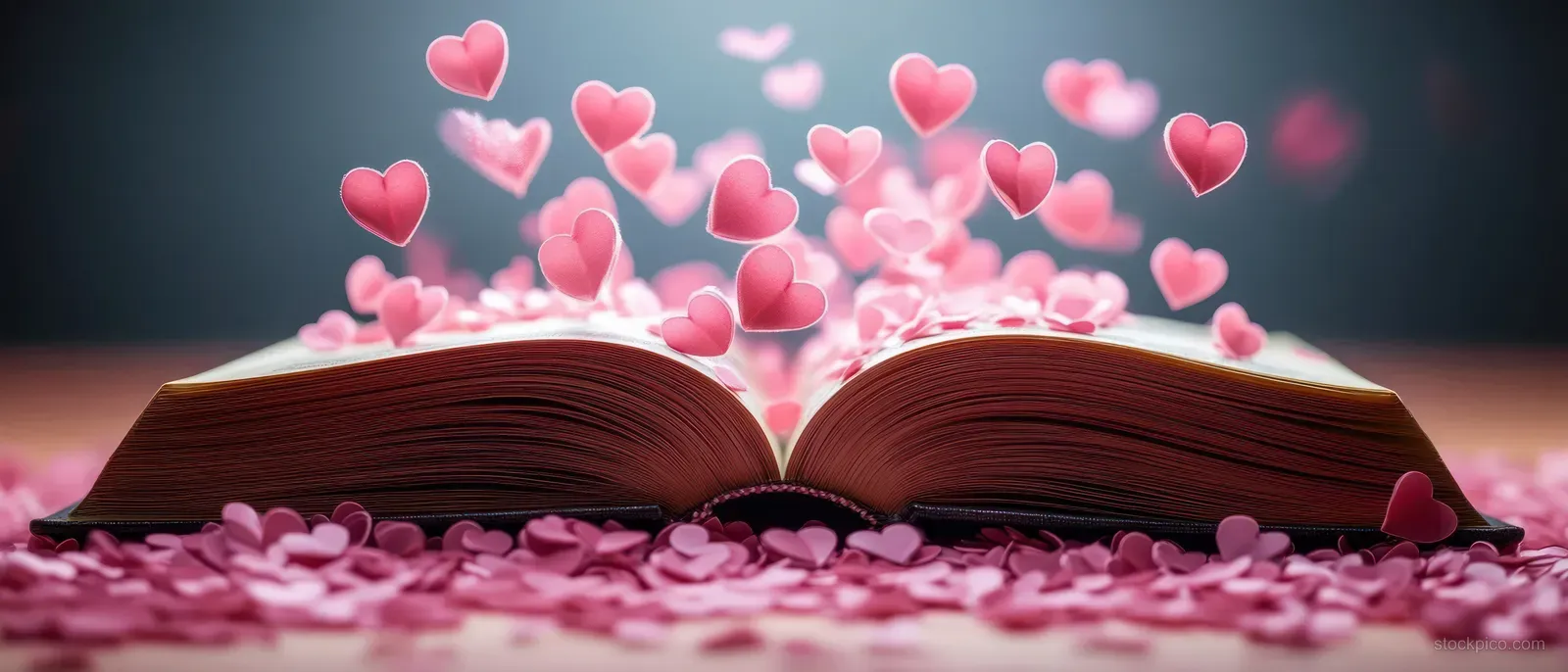 An open book releases floating pink hearts above its pages in a softly glowing romantic scene.