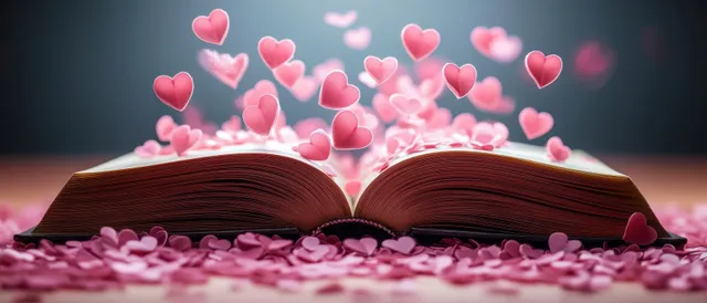 An open book releases floating pink hearts above its pages in a softly glowing romantic scene.