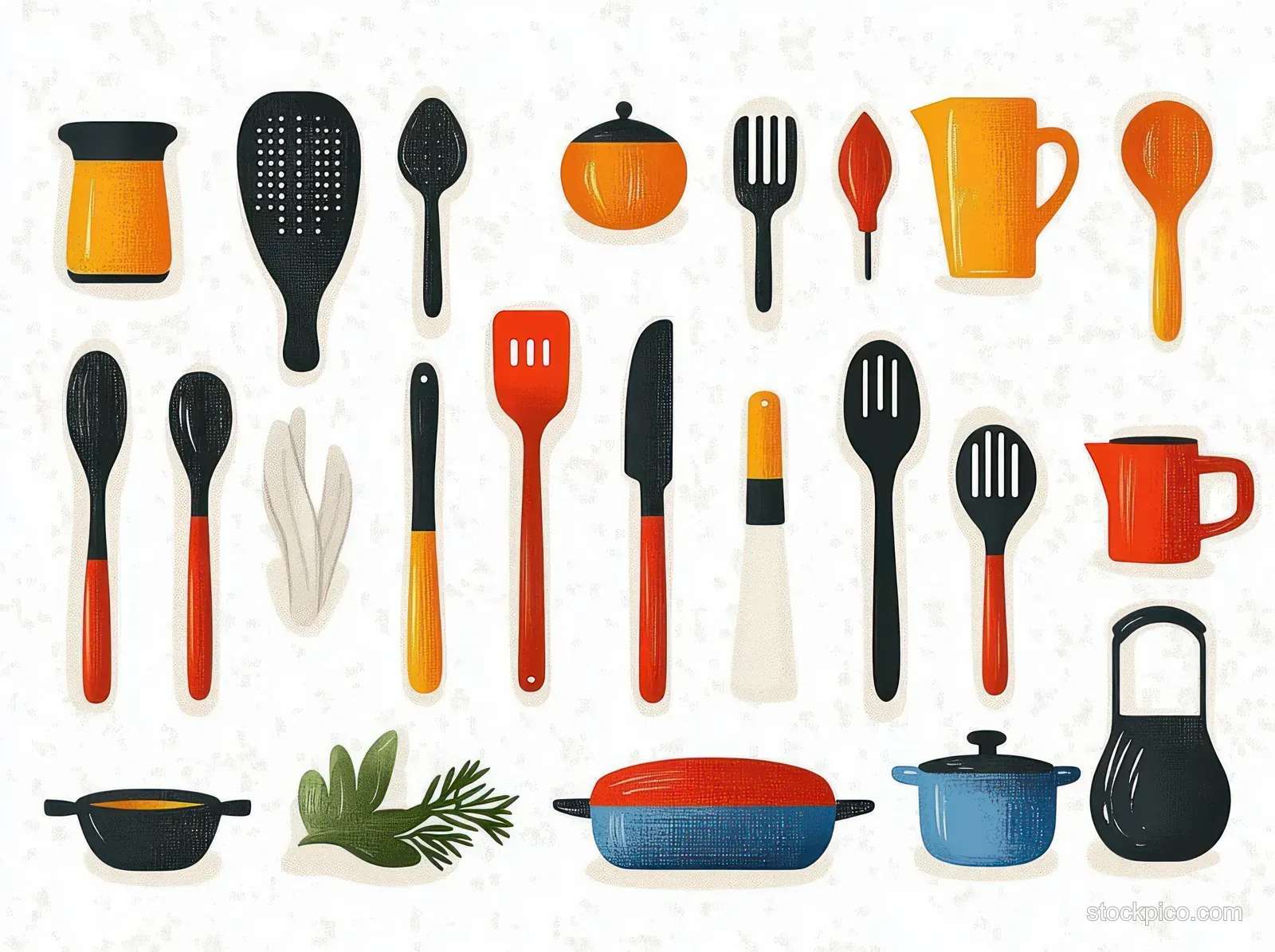A flat illustration shows colorful kitchen utensils including cups, kettles, spoons, forks, and ladles arranged on a white background.