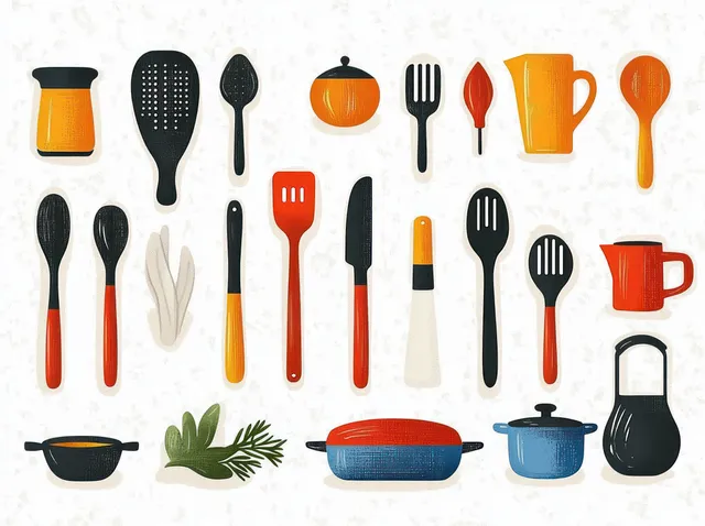 A flat illustration shows colorful kitchen utensils including cups, kettles, spoons, forks, and ladles arranged on a white background.
