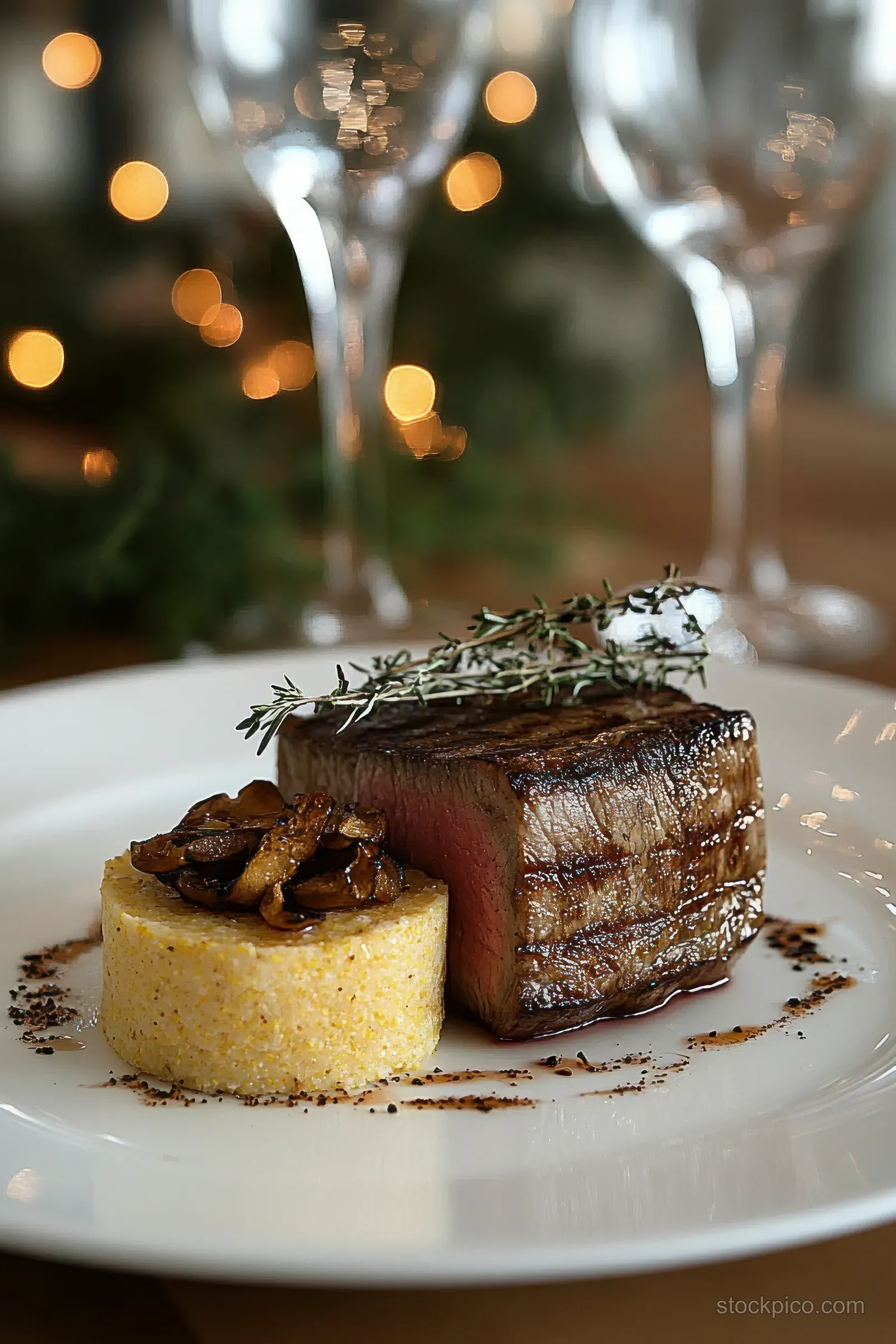 Medium-rare grilled steak on creamy polenta with sautéed mushrooms and herb garnish on a white plate, with blurred festive lights and wine glasses.