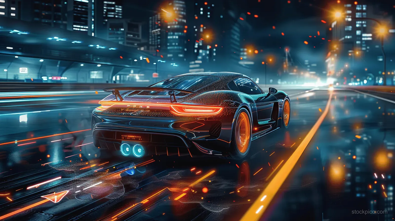 A futuristic racing car speeds through a night city street with glowing orange trails and holographic interface graphics.