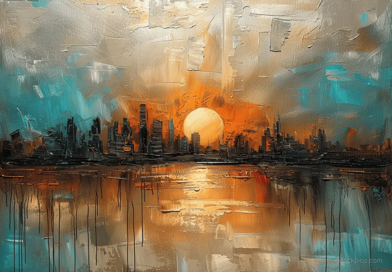Textured turquoise and golden abstract city skyline reflected on a lake under a glowing sunset sky.