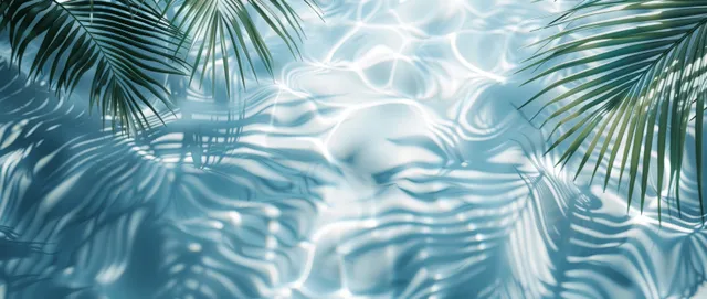 Palm leaf shadows over rippling blue water, bright summer beach banner copy space