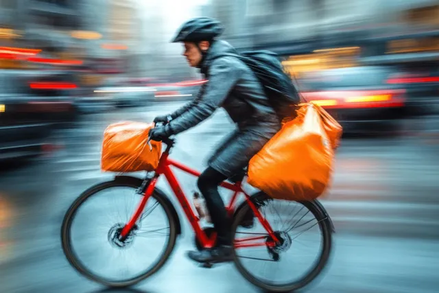 A delivery cyclist in a helmet rides a red bicycle with orange bags across a blurred city street.