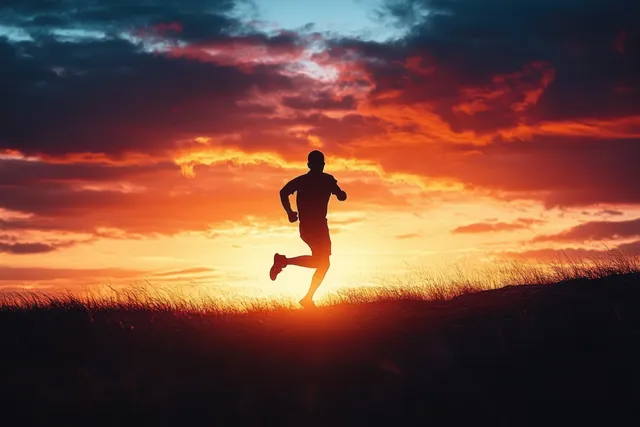 Silhouetted runner sprints uphill on a hillside while golden sunset clouds glow in the background.