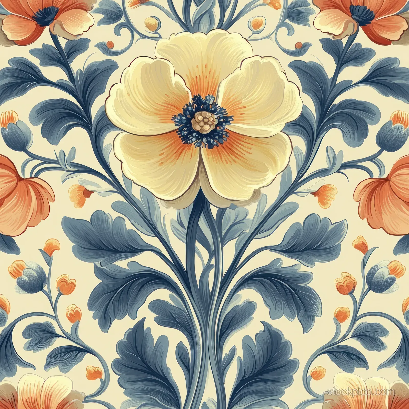 Seamless Art Nouveau floral pattern with a central cream flower, blue vines, and pastel orange blossoms on a light background.