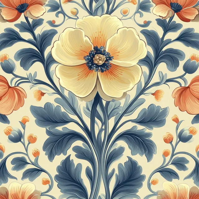 Patrón floral continuo de Art Nouveau con una flor crema central, enredaderas azules y flores pastel naranjas sobre un fondo claro.