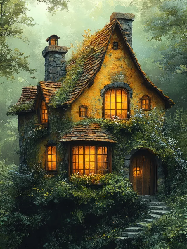 A crooked fairy-tale cottage with a mossy roof glows with warm light among green trees and bushes.