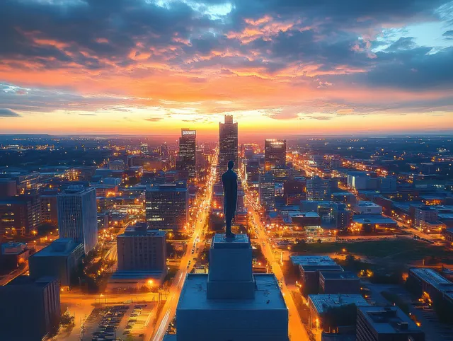 Aerial view shows Omaha downtown skyscrapers and glowing streets under a colorful twilight sky with clouds.